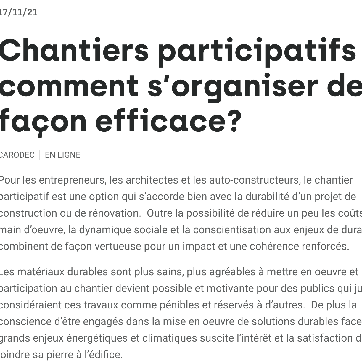 Laurane Coornaert en intervention : « Chantiers participatifs : comment s’organiser de façon efficace ? », Carodec – Ecobuild