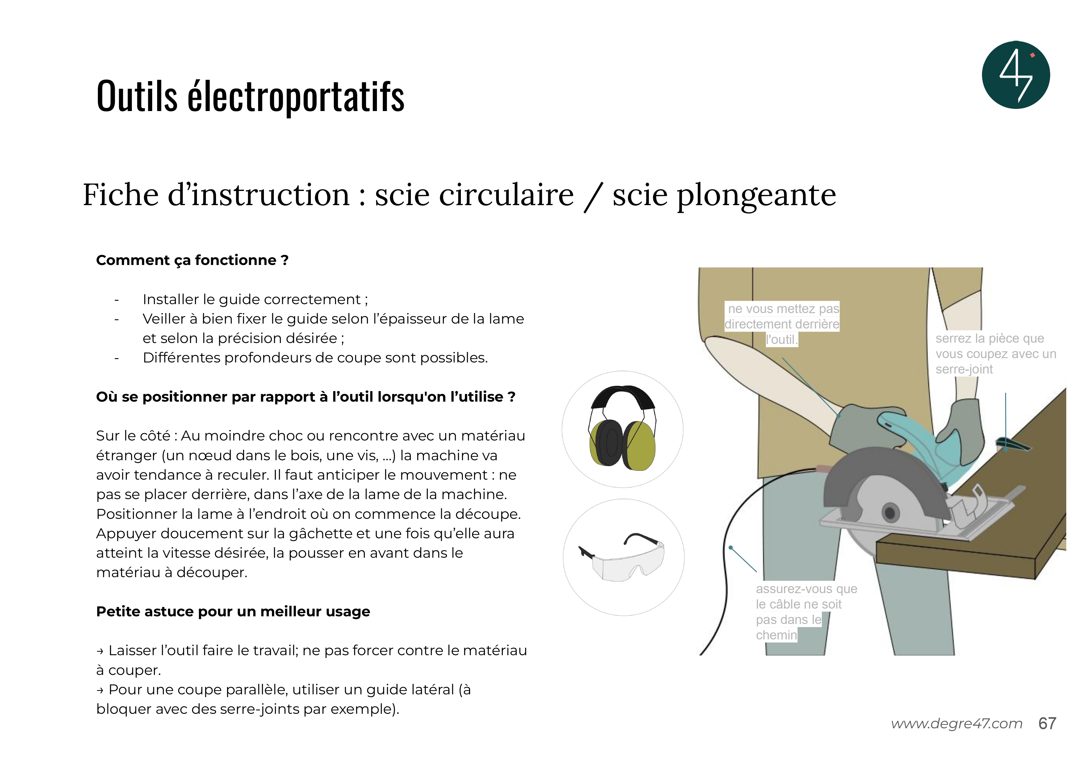 Une page du guide : fiche d’instruction pour la scie circulaire et la scie plongeante