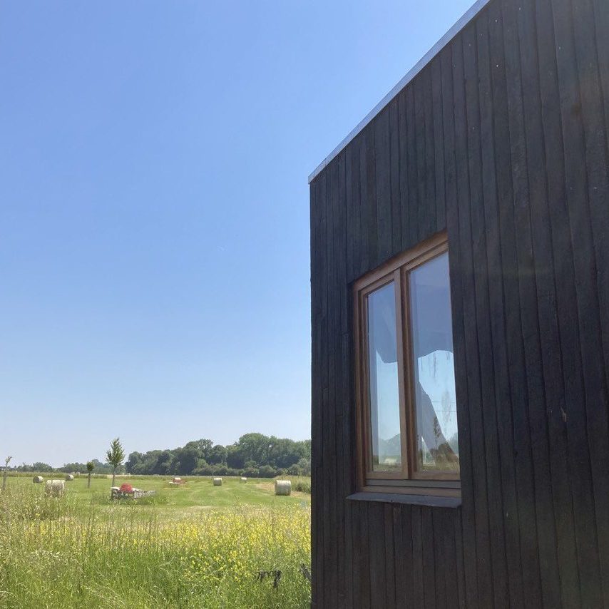 Façade en bardage bois brûlé sur un pré, fenêtre en bois