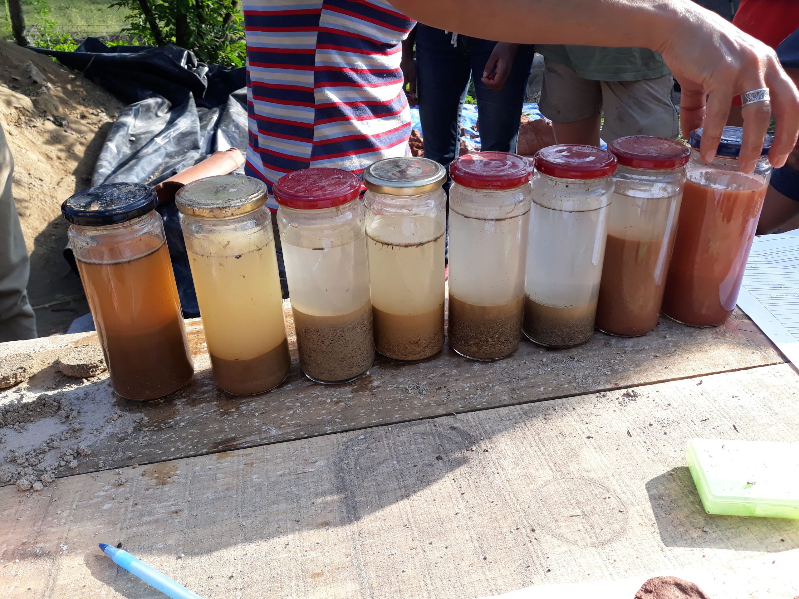 Bocaux d'essai de sédimentation de terre alignés au bord de l'eau