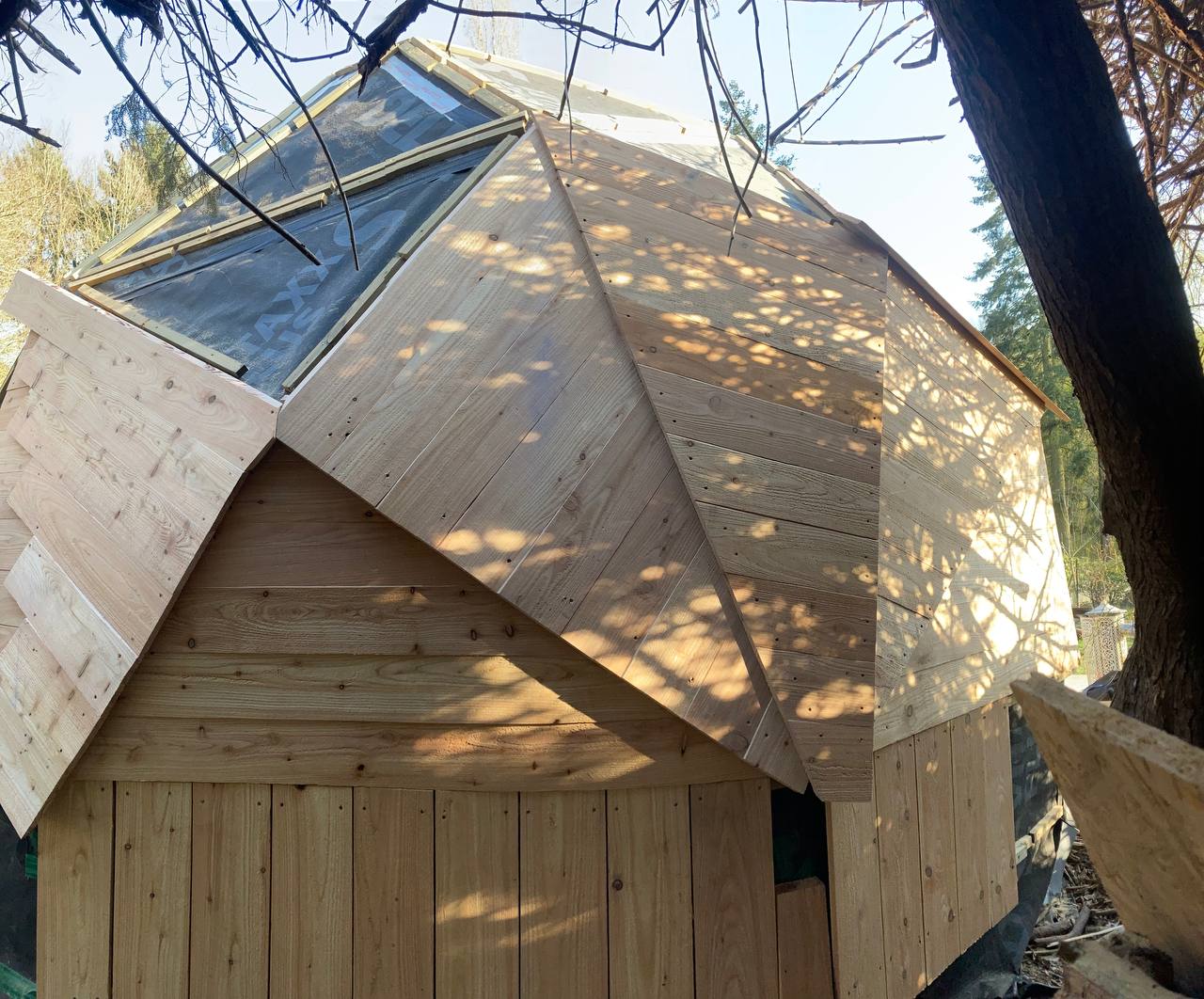 Le dôme géodésique bardé de bois avec sa lucarne vitrée
