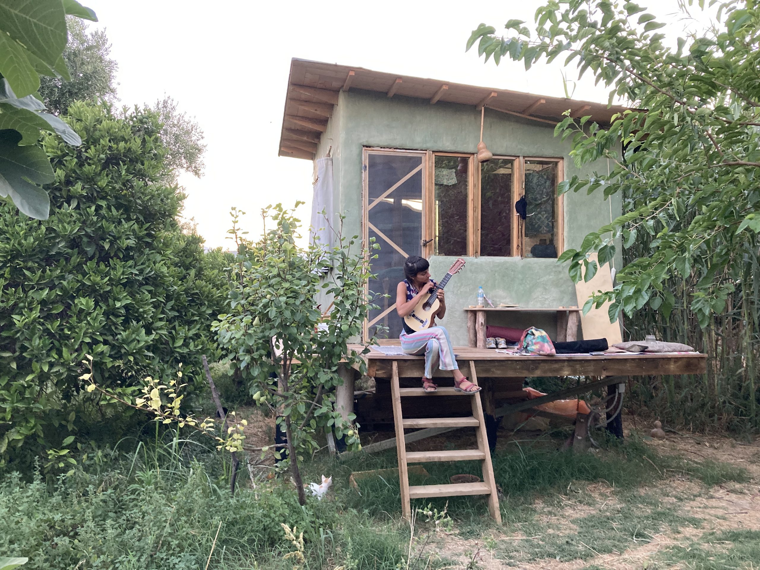 Le mini habitat dans un verger, échelle d'accès à la terrasse