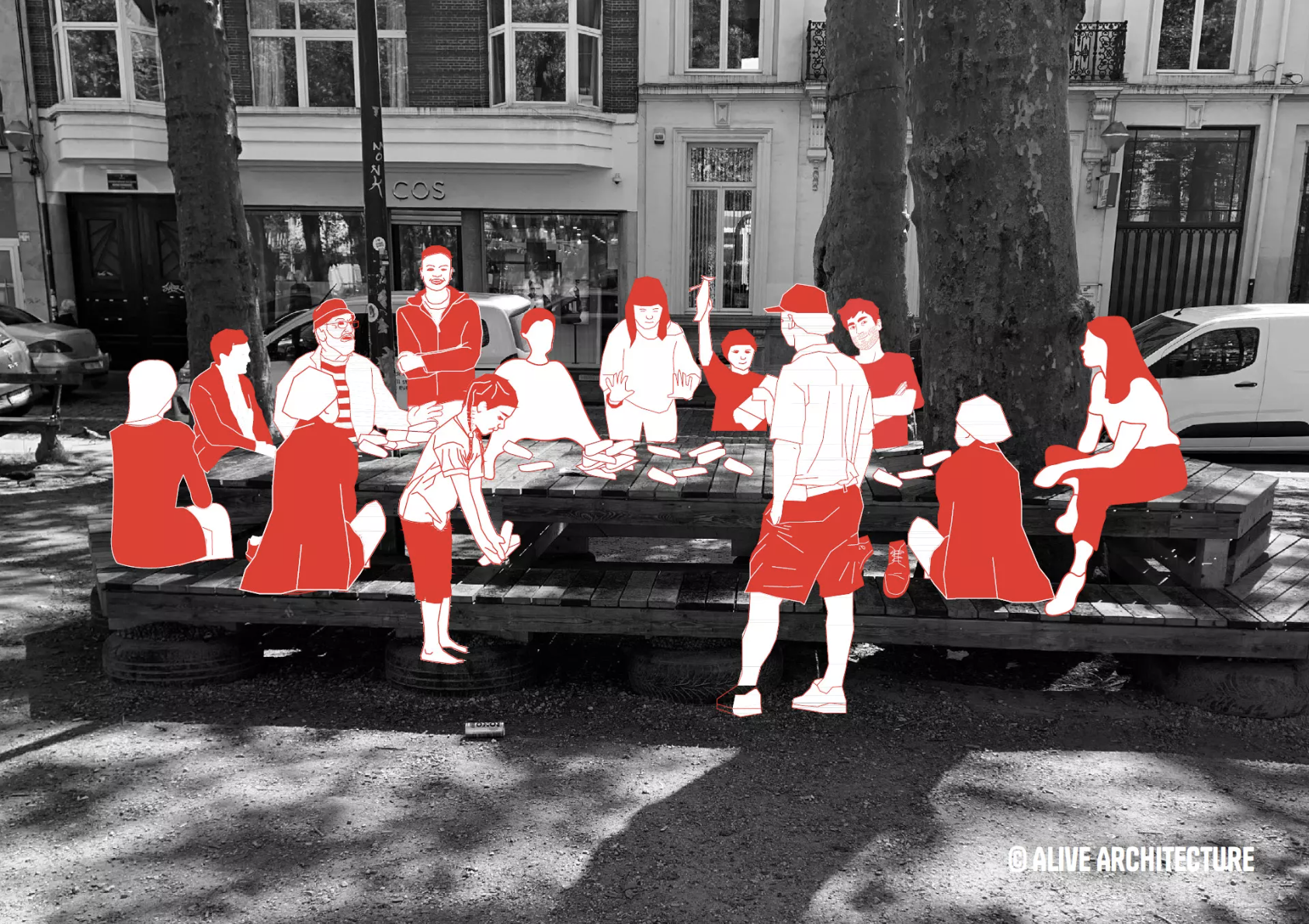 Illustration en noir et blanc, silhouettes rouges assises sur le mobilier urbain