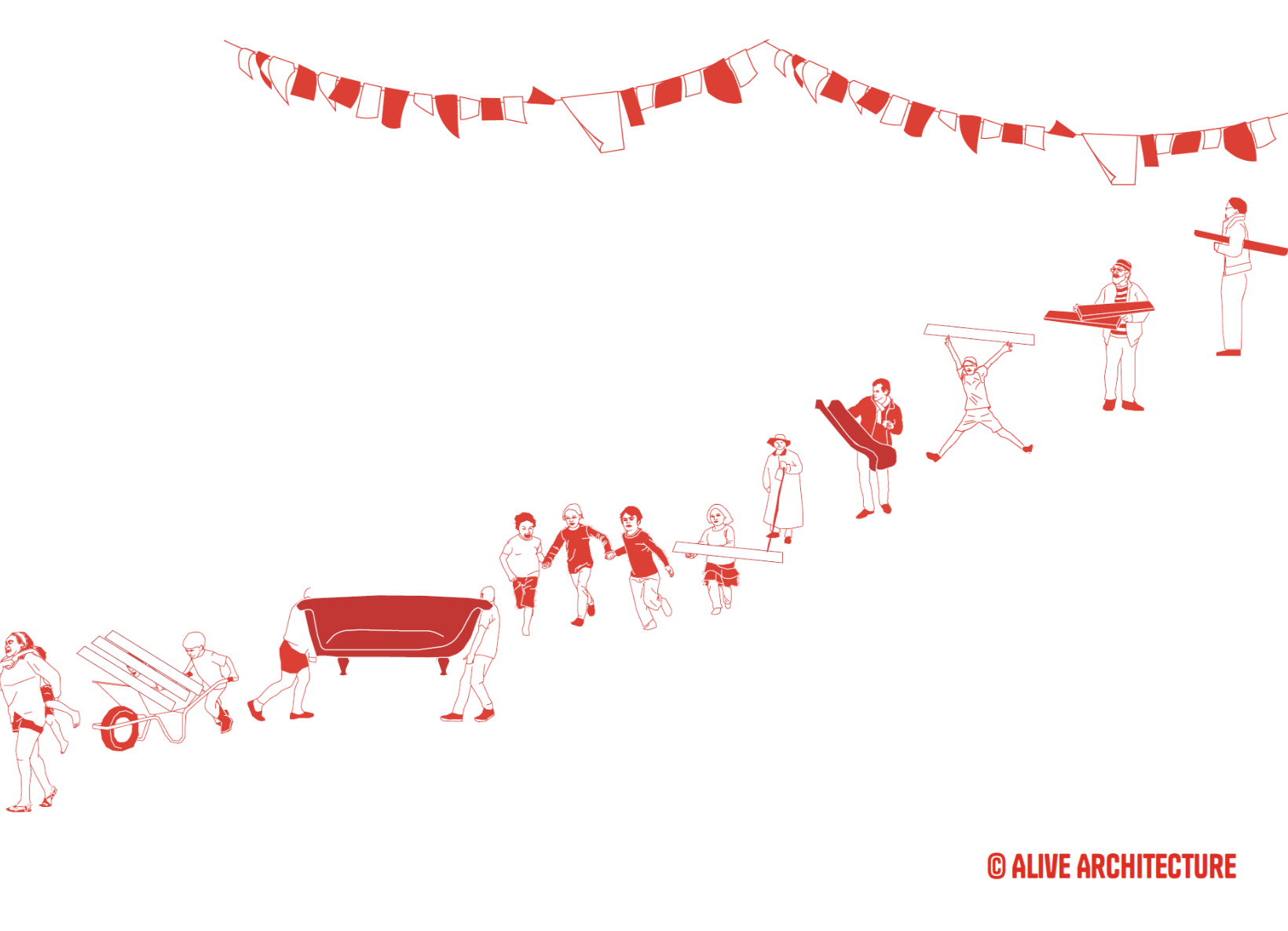 Illustration rouge sur fond blanc du mobilier et de ses usagers