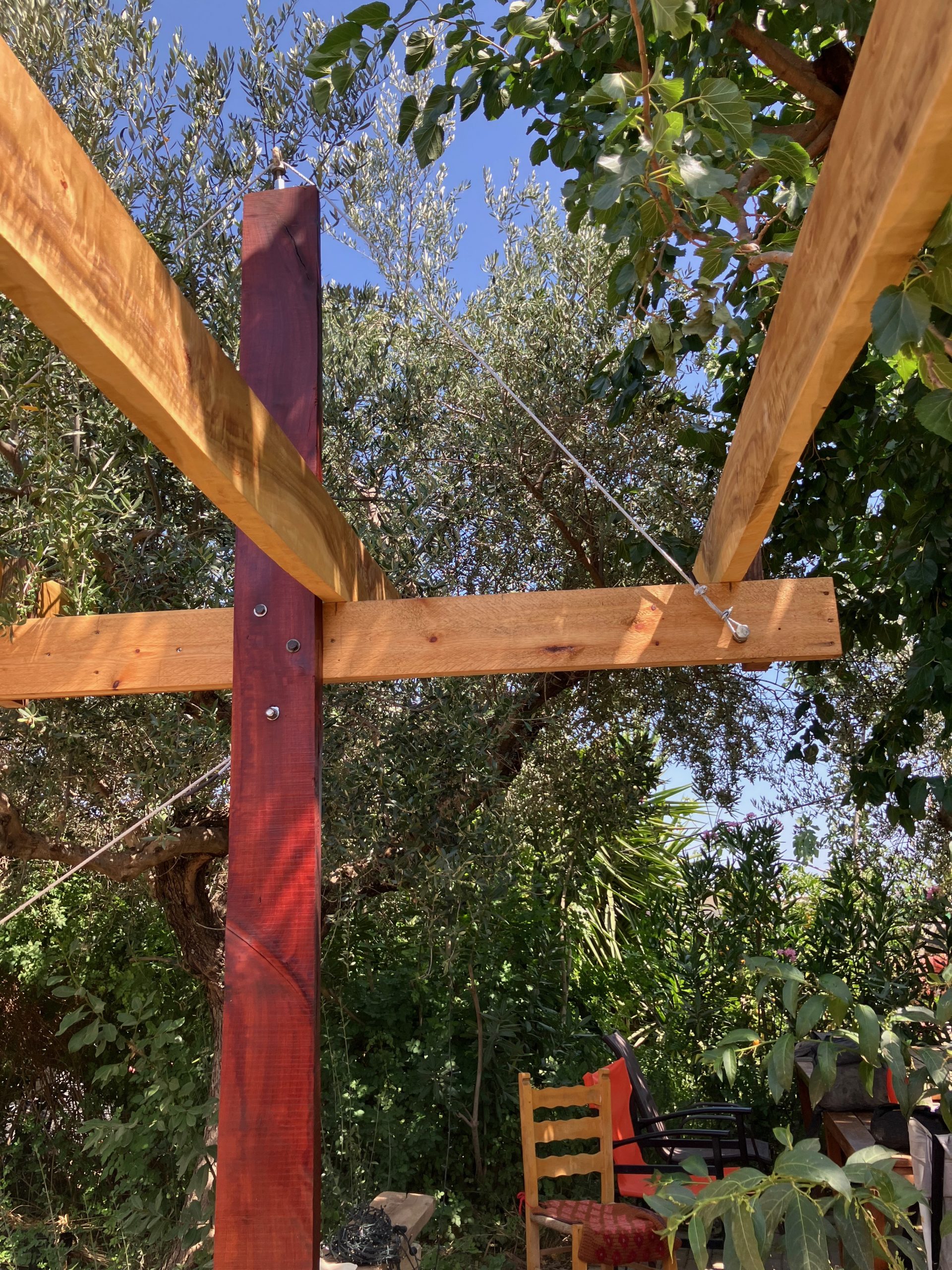 Structure de la pergola à poteau rouge parmi les oliviers