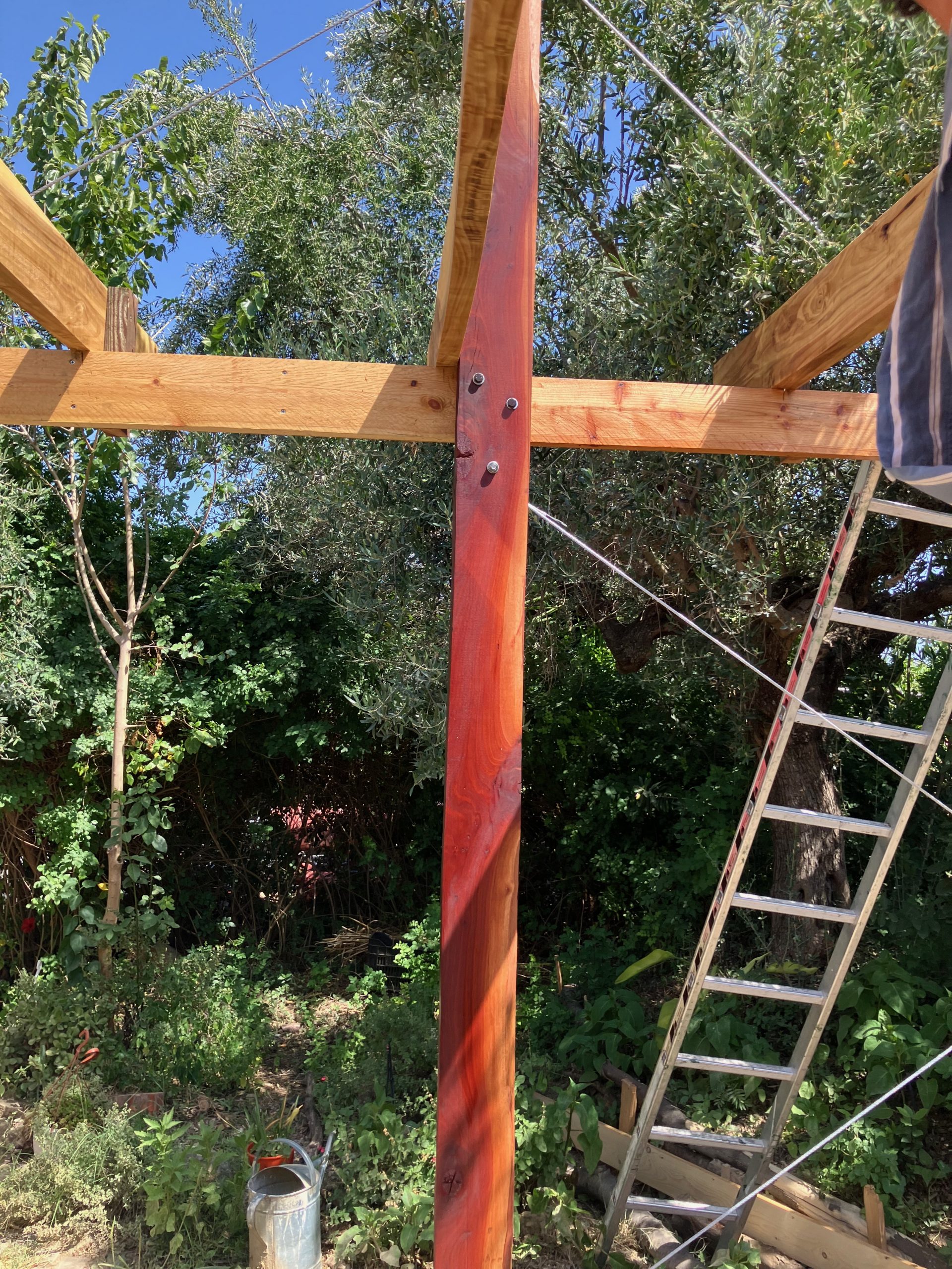 Poteau rouge et traverses de la pergola, échelle appuyée