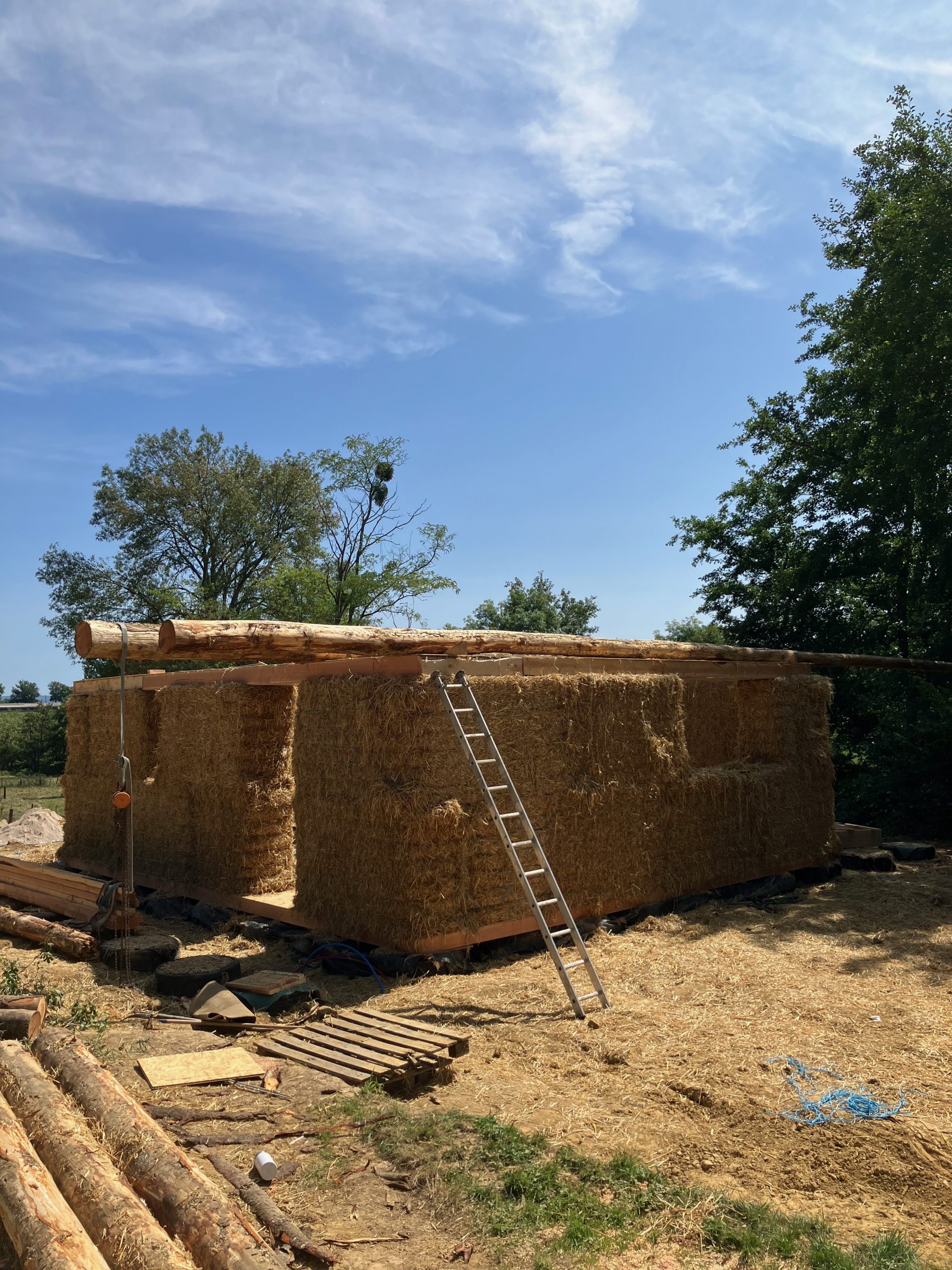 Bâtiment en paille porteuse presque monté, échelle contre le mur