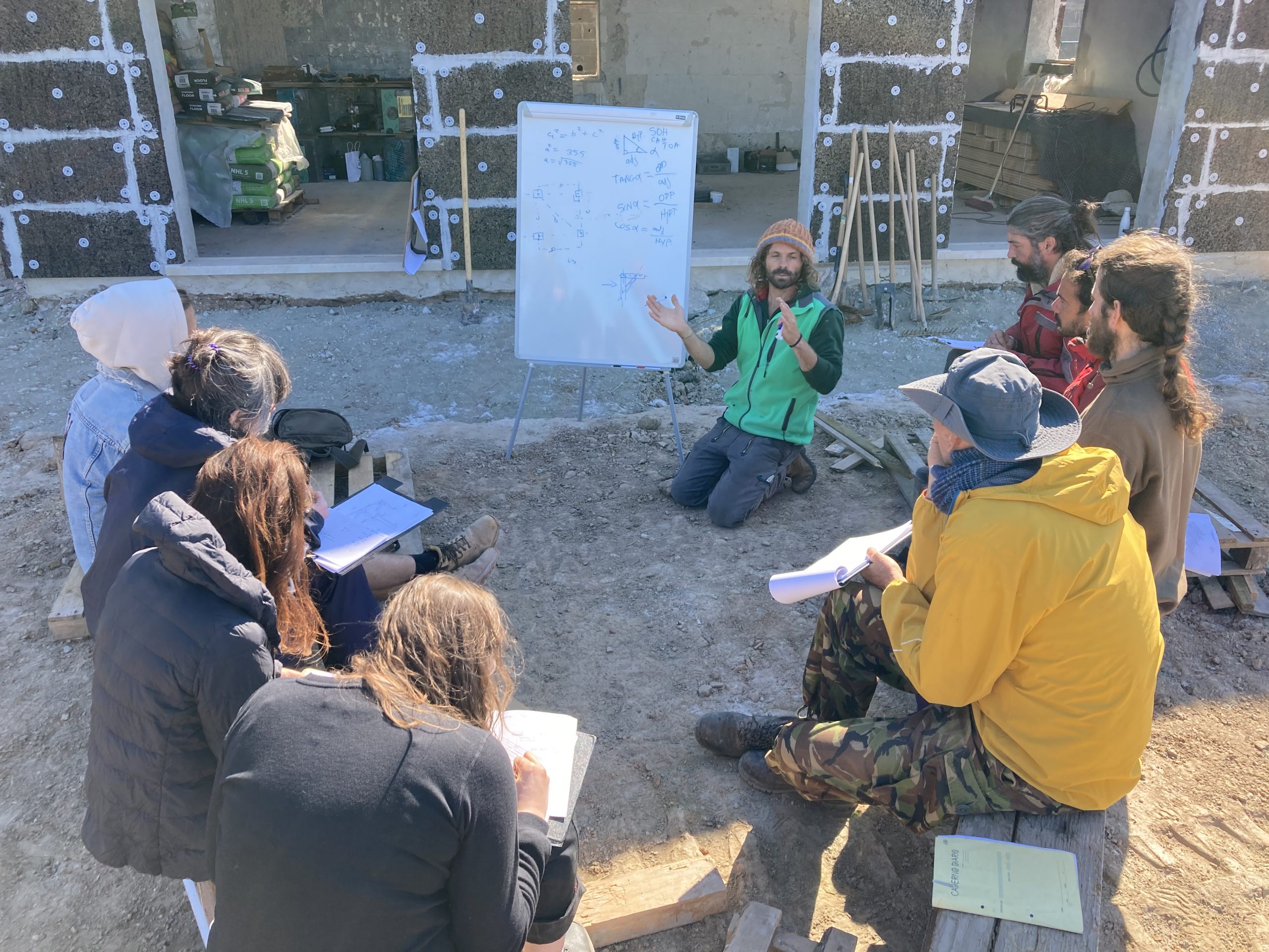 Groupe de participants en cercle autour d'un tableau de cours en extérieur